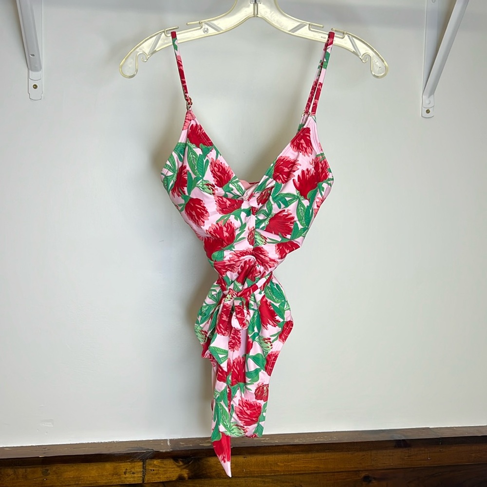 Juicy Couture Pink & Red Floral One Piece Swimsuit with Tie at Waist- M